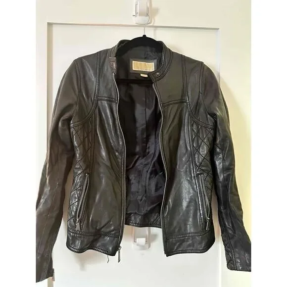 MICHAEL Michael Kors Womens Motorcycle Jacket Size Petite Small Brown Leather - Picture 9 of 9